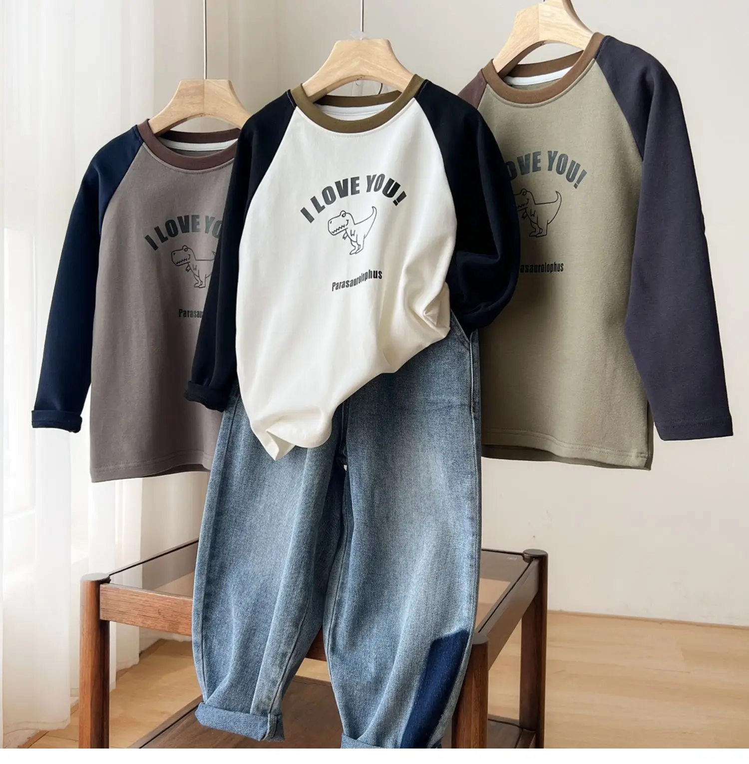 Children Cotton Long Sleeve T-Shirt Gray Blue Elephant Print — feature 6