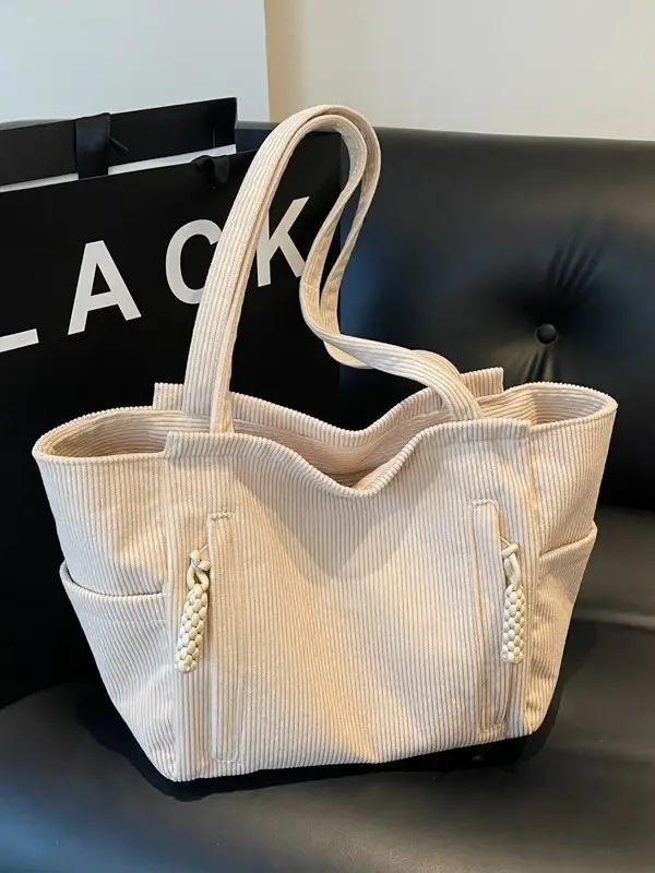 Women's Cross-Border Corduroy Tote Bag Beige 2024 - Image 9