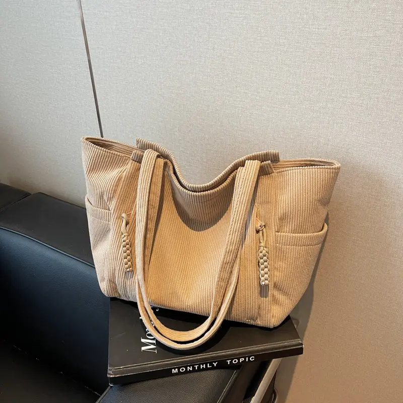 Women's Cross-Border Corduroy Tote Bag Beige 2024 - Image 4