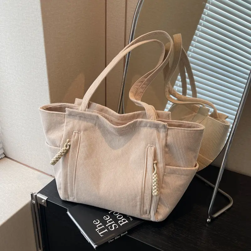 Women's Cross-Border Corduroy Tote Bag Beige 2024 - Image 5