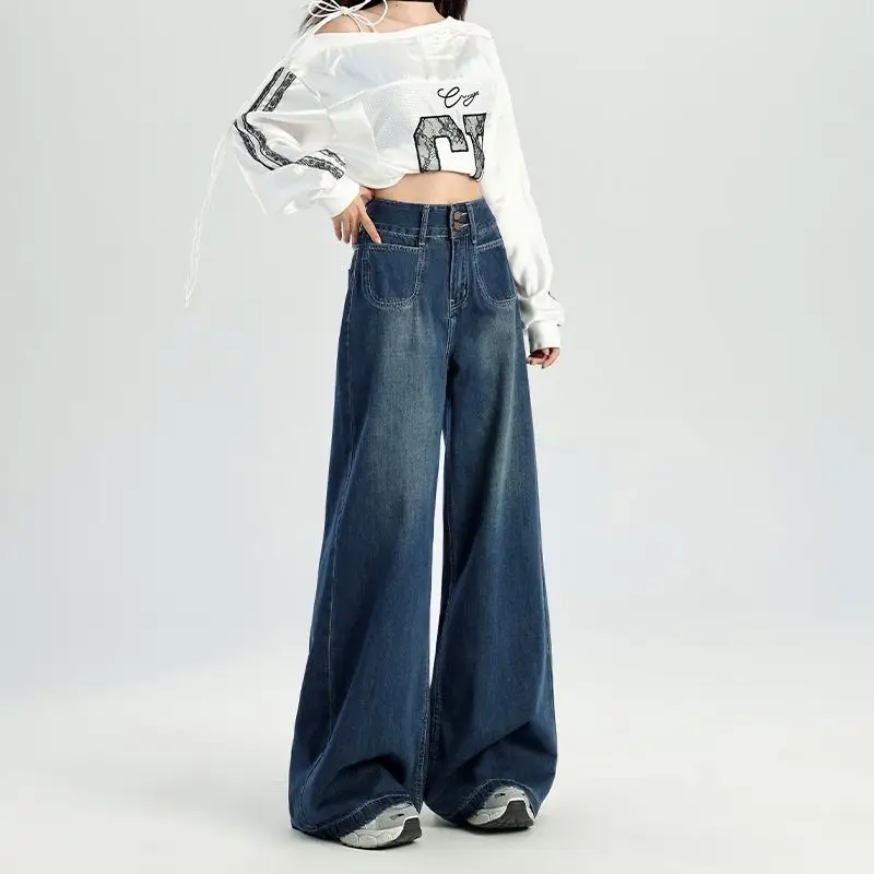 Dark Blue Wide Leg Jeans Women 2024 Casual