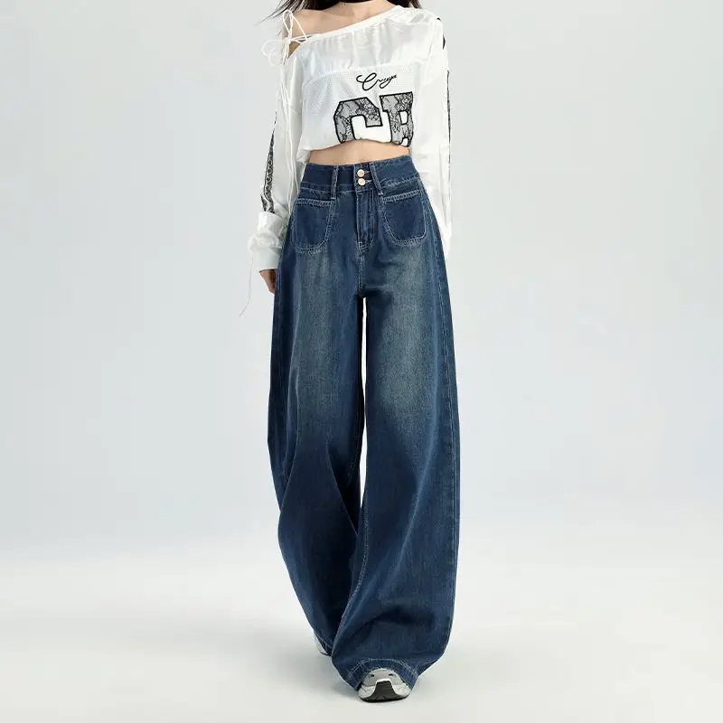 Dark Blue Wide Leg Jeans Women 2024 Casual