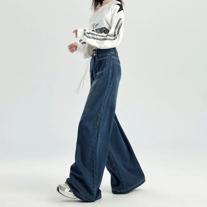 Dark Blue Wide Leg Jeans Women 2024 Casual