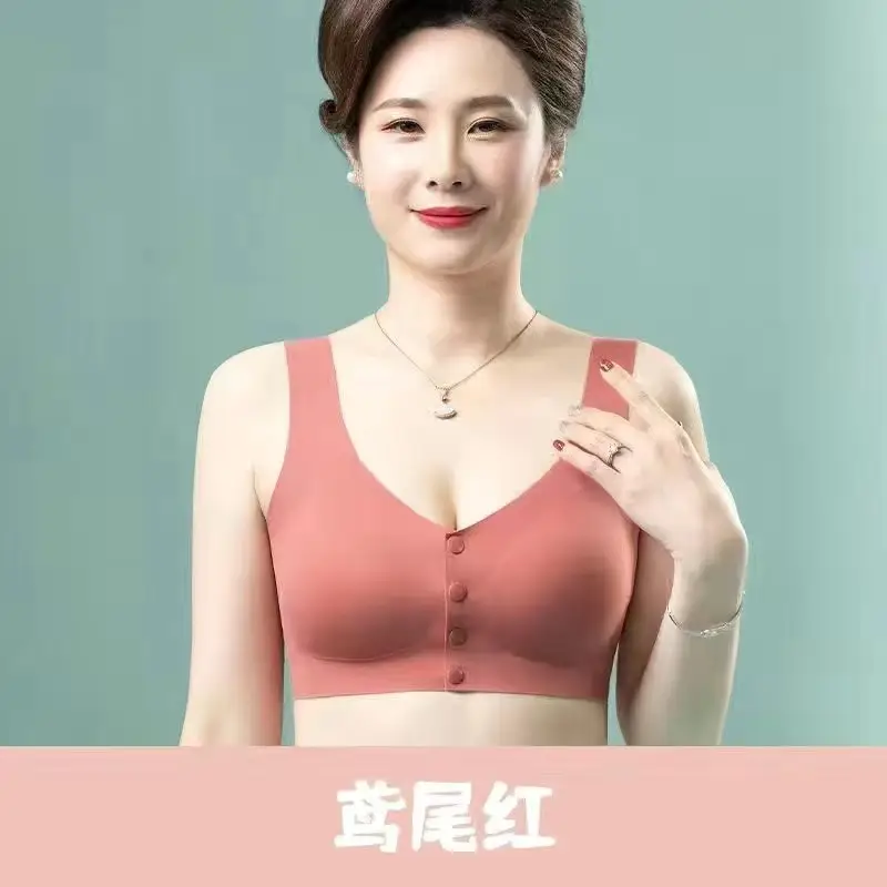 Mother's Underwear Women's Summer Thin Vest-style Front Buckle Bra No Steel Ring Bra Middle-aged and Elderly People's Traceless plus size Cotton