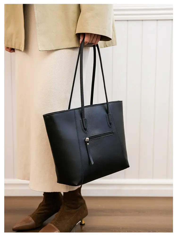 Women Large Capacity Leather Tote Bag Black - Image 7