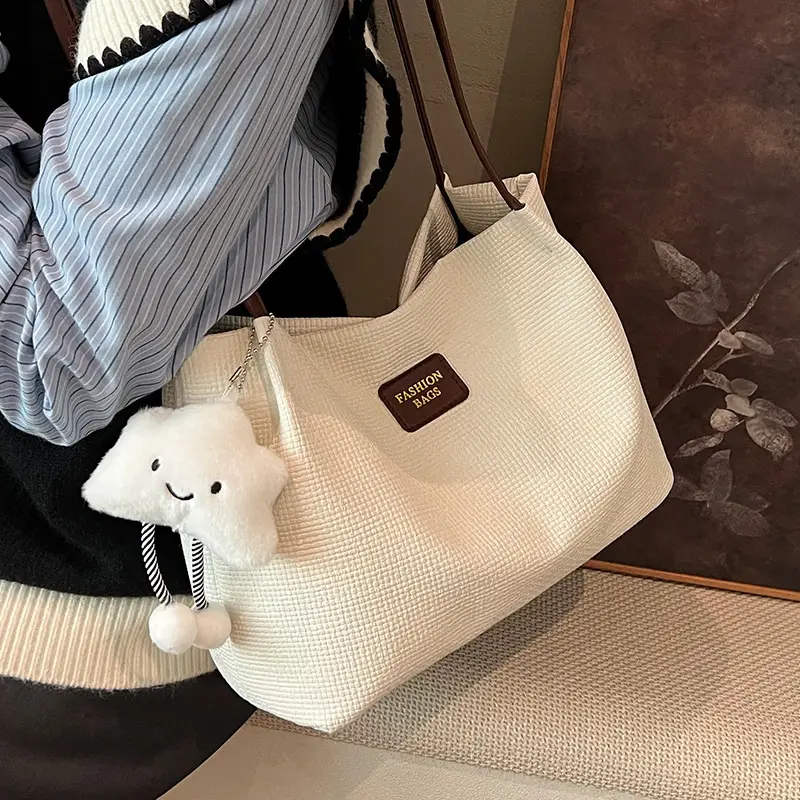 Women's Large Capacity Shoulder Bag with Bear Charm - Image 6