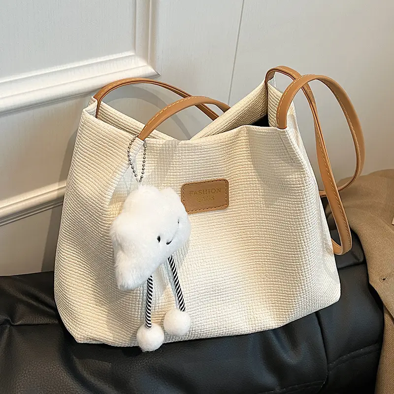 Women's Large Capacity Shoulder Bag with Bear Charm - Image 7