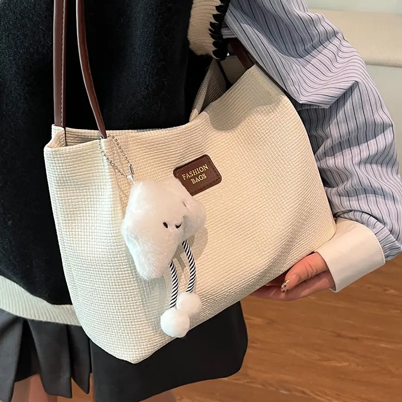 Women's Large Capacity Shoulder Bag with Bear Charm - Image 8