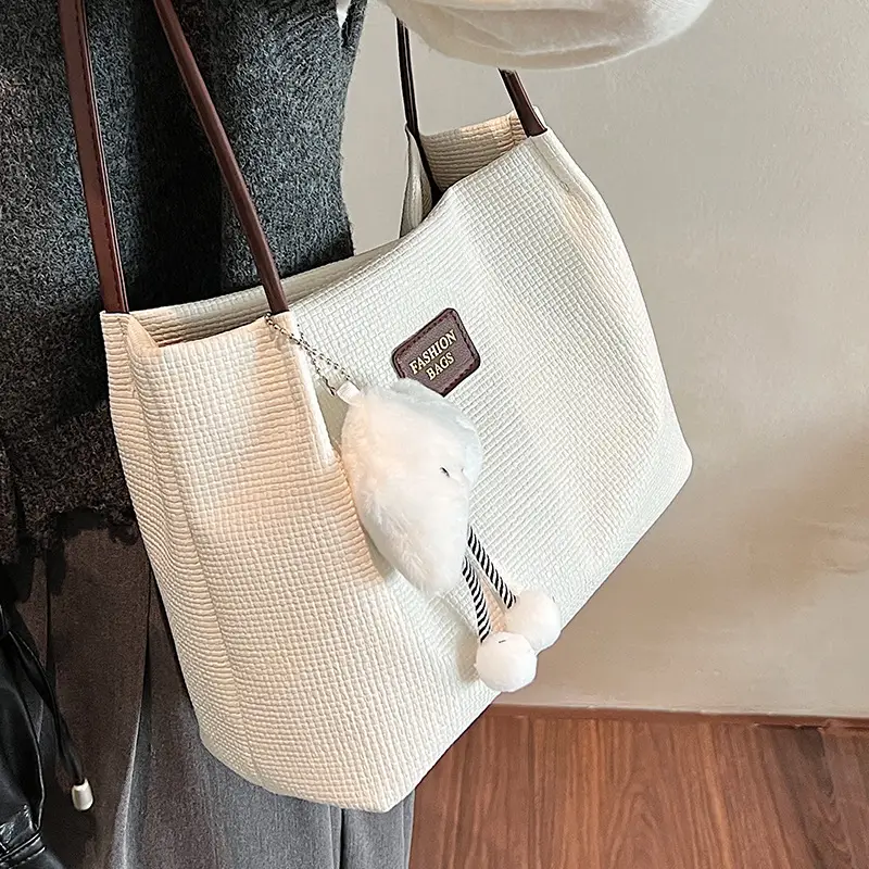 Women's Large Capacity Shoulder Bag with Bear Charm - Image 2