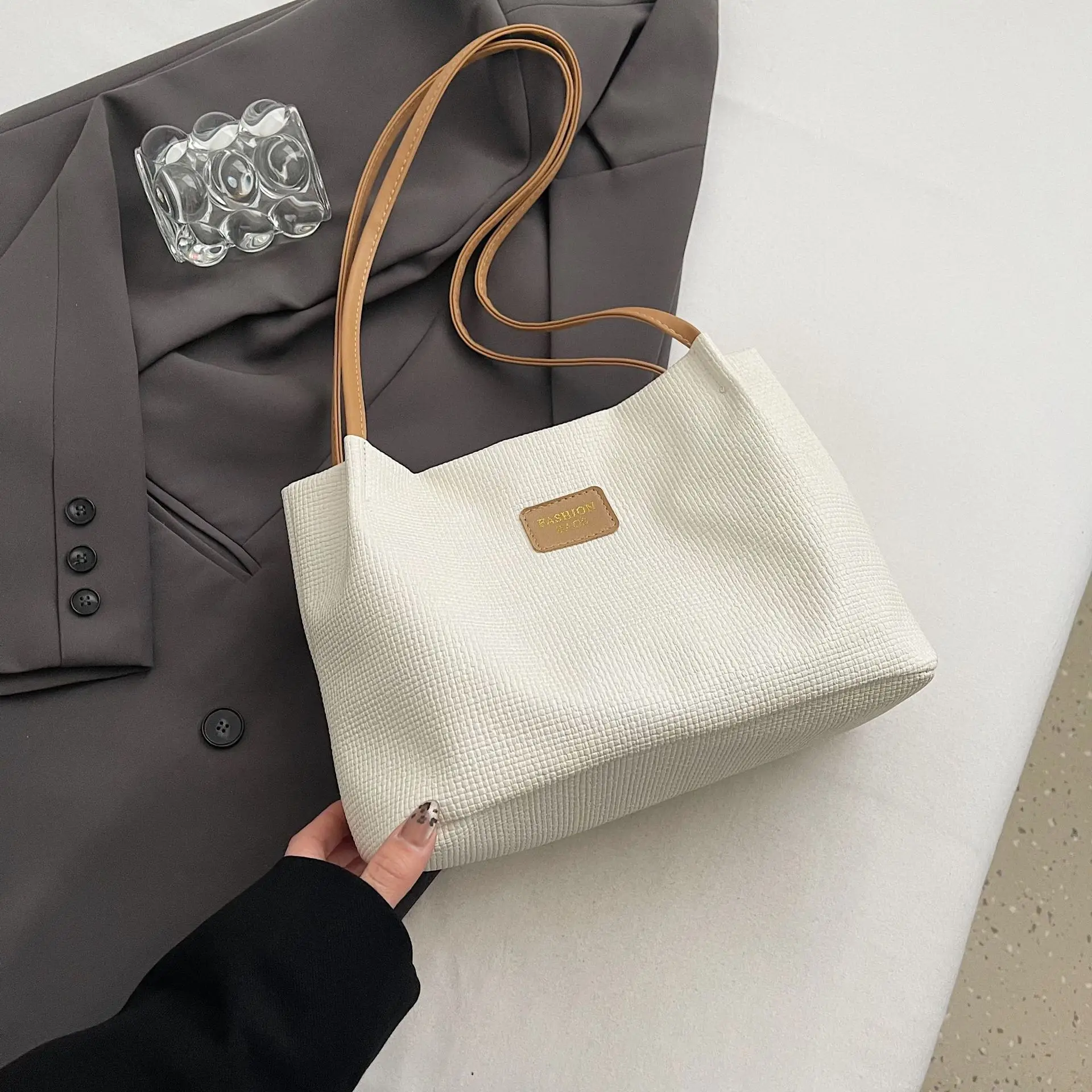 Women's Large Capacity Shoulder Bag with Bear Charm - Image 3