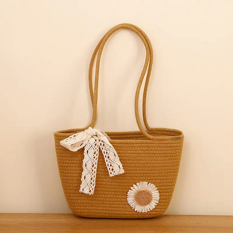 Straw Woven Tote Bag with Tassel & Flower Decor - Image 6
