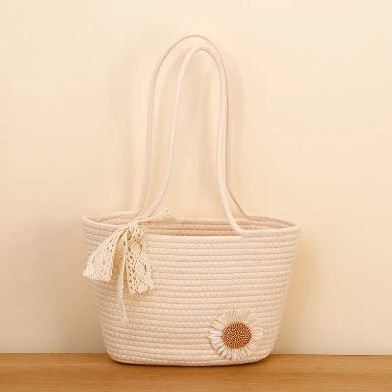 Straw Woven Tote Bag with Tassel & Flower Decor - Image 7