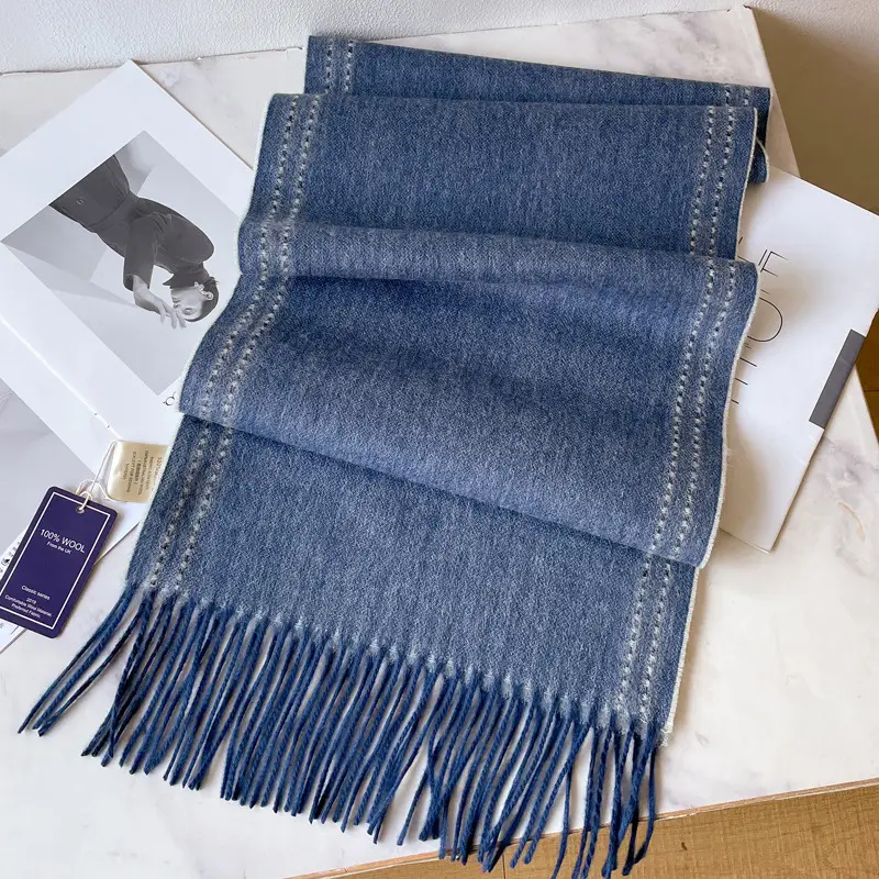 Men's 100% Wool Scarf Dark Blue Plaid Cashmere Winter Shawl - Image 9