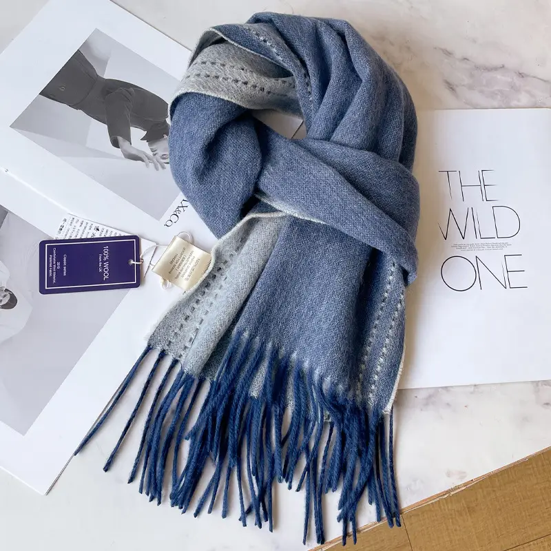 Men's 100% Wool Scarf Dark Blue Plaid Cashmere Winter Shawl - Image 12