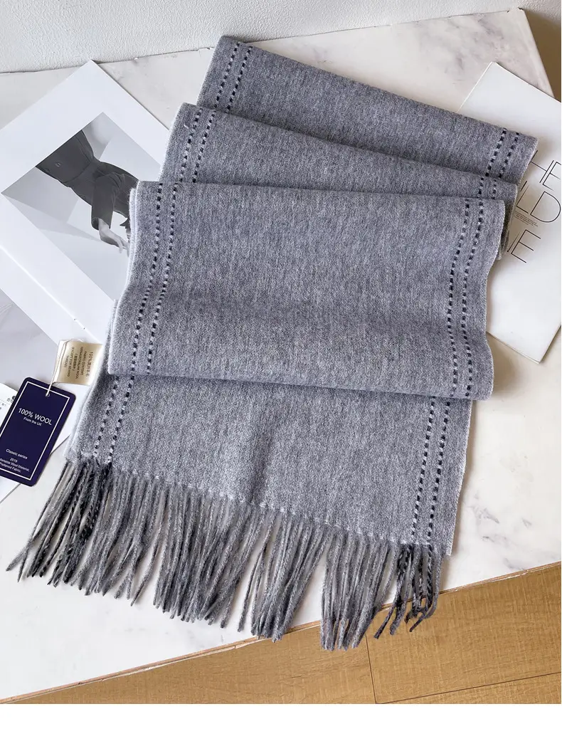 Men's 100% Wool Scarf Dark Blue Plaid Cashmere Winter Shawl β feature 14