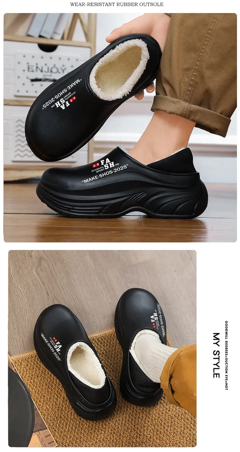 Cotton Slippers Men's Winter fleece-lined Warm Bag Heel Cotton Shoes Fur One-piece Outdoor Waterproof Non-slip Thick Slippers for Couple — feature 10