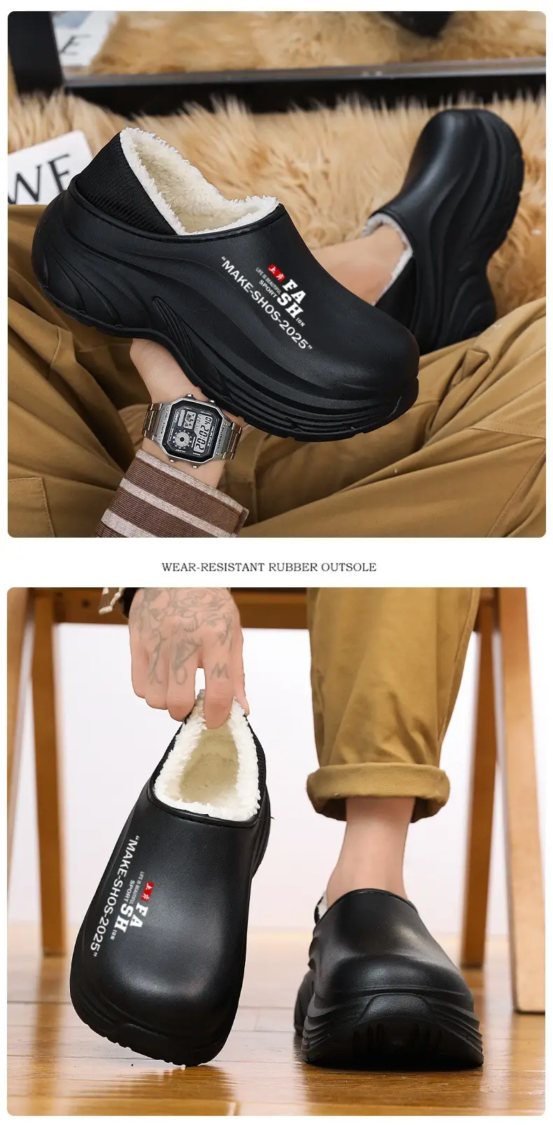Cotton Slippers Men's Winter fleece-lined Warm Bag Heel Cotton Shoes Fur One-piece Outdoor Waterproof Non-slip Thick Slippers for Couple — feature 11