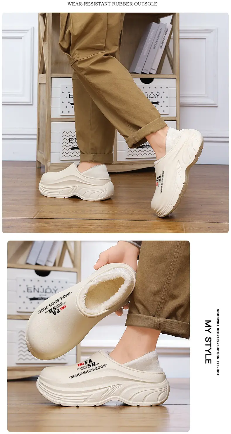 Cotton Slippers Men's Winter fleece-lined Warm Bag Heel Cotton Shoes Fur One-piece Outdoor Waterproof Non-slip Thick Slippers for Couple — feature 12
