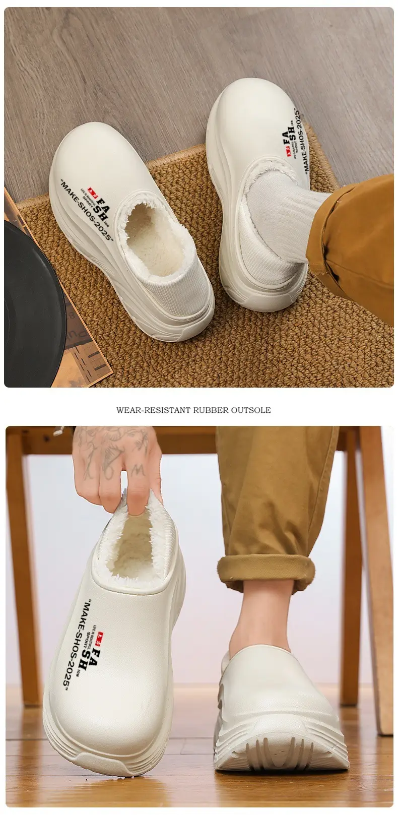 Cotton Slippers Men's Winter fleece-lined Warm Bag Heel Cotton Shoes Fur One-piece Outdoor Waterproof Non-slip Thick Slippers for Couple — feature 13