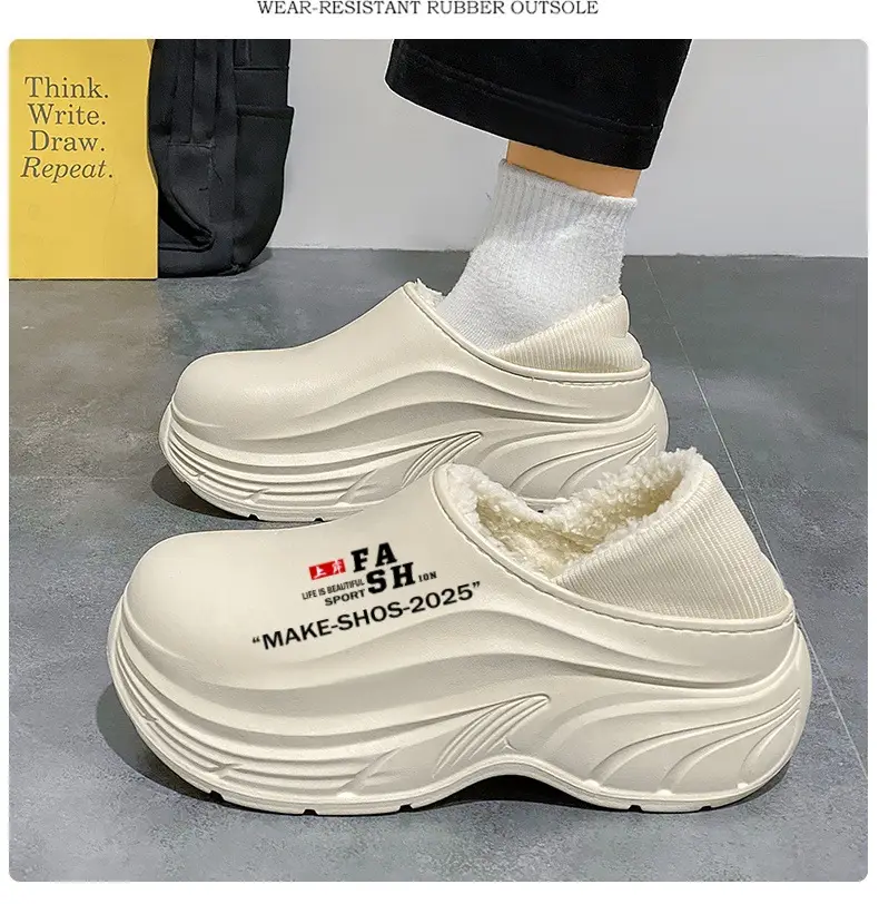 Cotton Slippers Men's Winter fleece-lined Warm Bag Heel Cotton Shoes Fur One-piece Outdoor Waterproof Non-slip Thick Slippers for Couple — feature 14