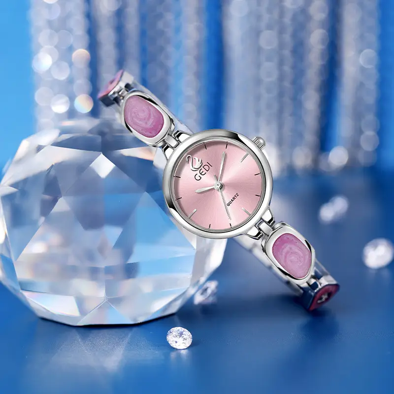 Women's Pink Quartz Bracelet Watch with Stone Band - Image 8