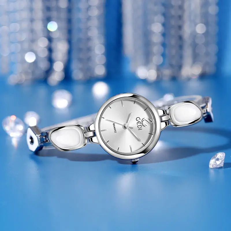 Women's Pink Quartz Bracelet Watch with Stone Band - Image 9
