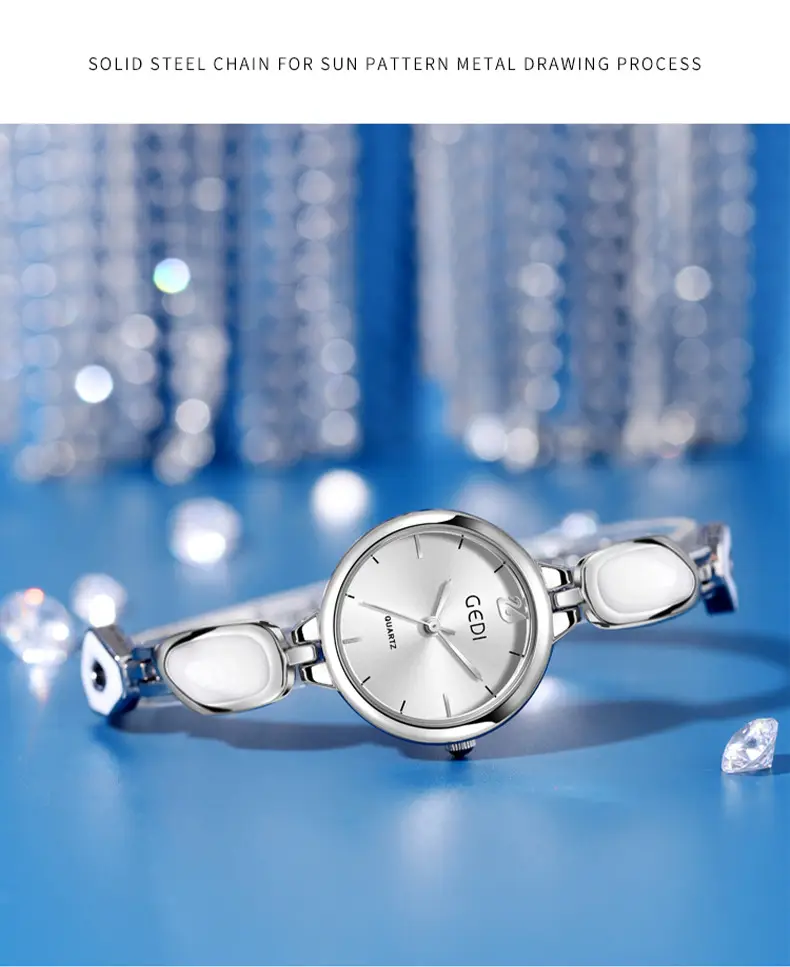 Women's Pink Quartz Bracelet Watch with Stone Band — feature 11