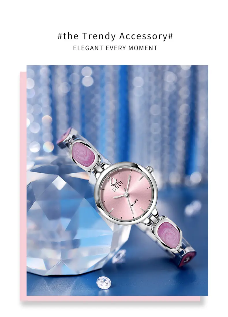 Women's Pink Quartz Bracelet Watch with Stone Band — feature 12