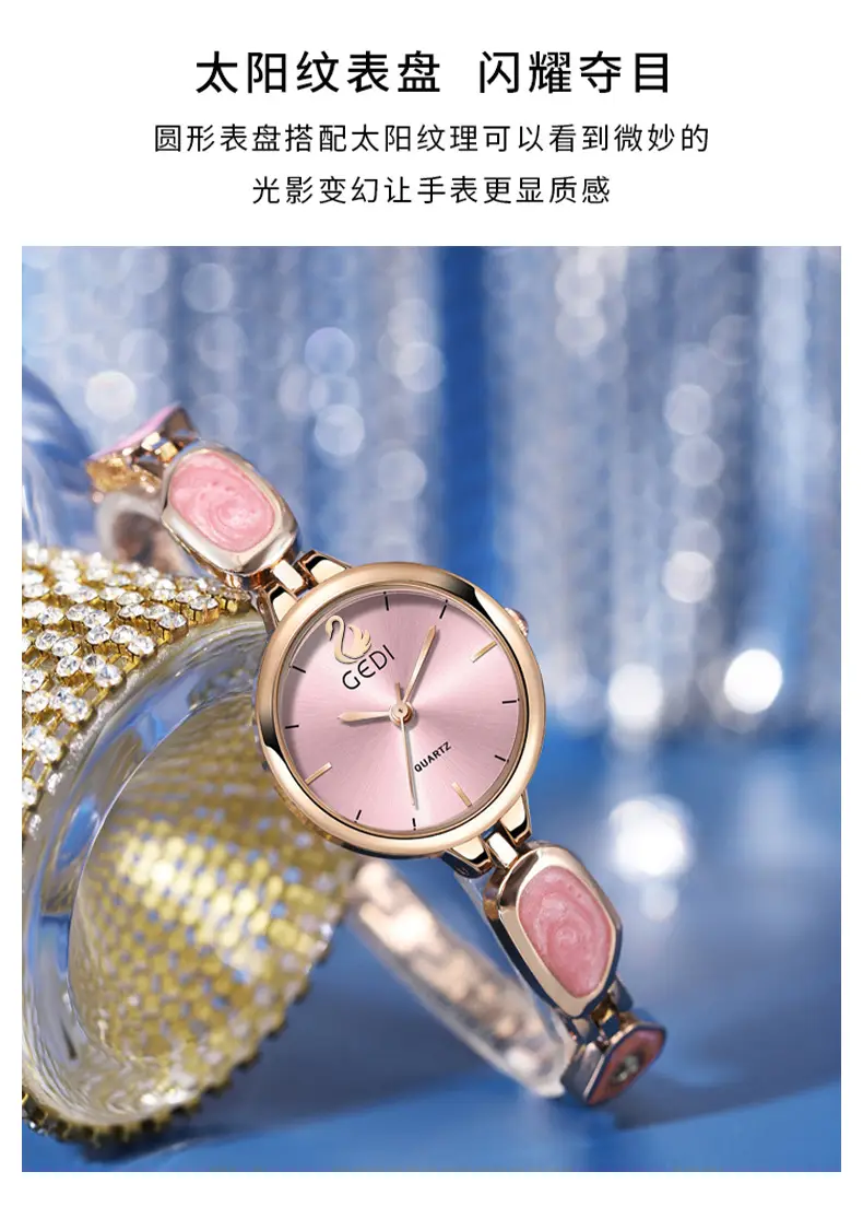 Women's Pink Quartz Bracelet Watch with Stone Band — feature 2