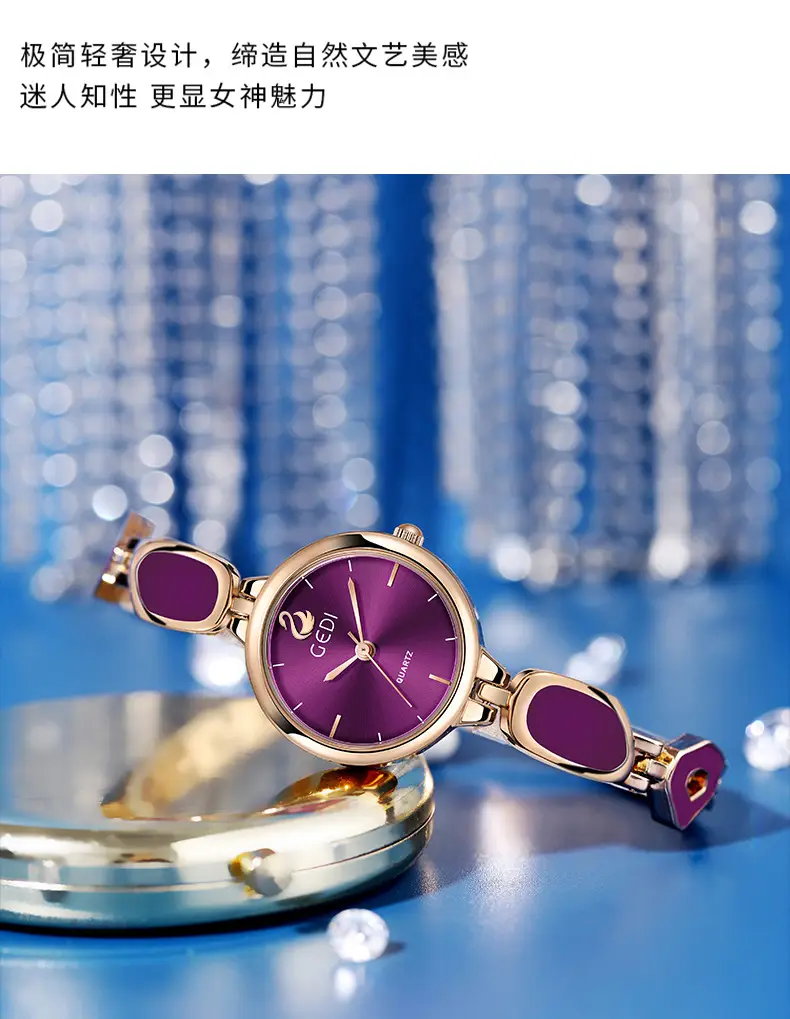 Women's Pink Quartz Bracelet Watch with Stone Band — feature 3