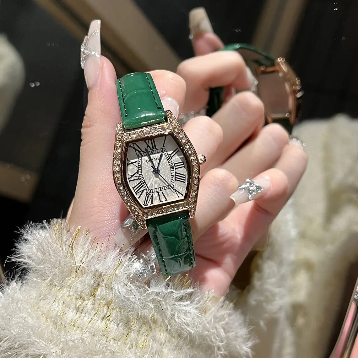 Swiss Style Women's Watch with Black Leather Strap & Diamond Accents