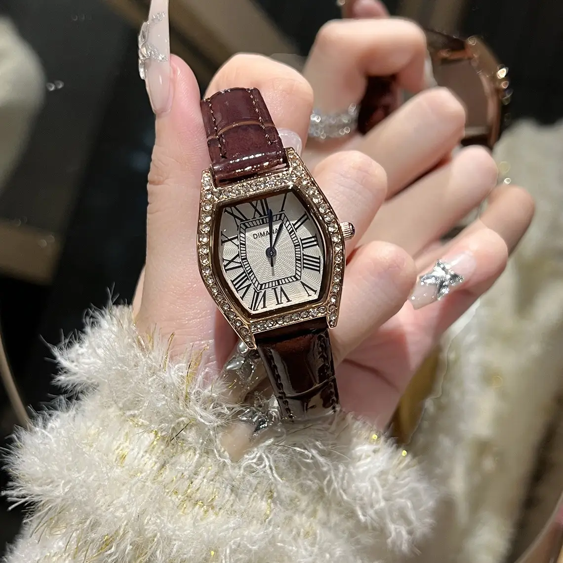 Swiss Style Women's Watch with Black Leather Strap & Diamond Accents