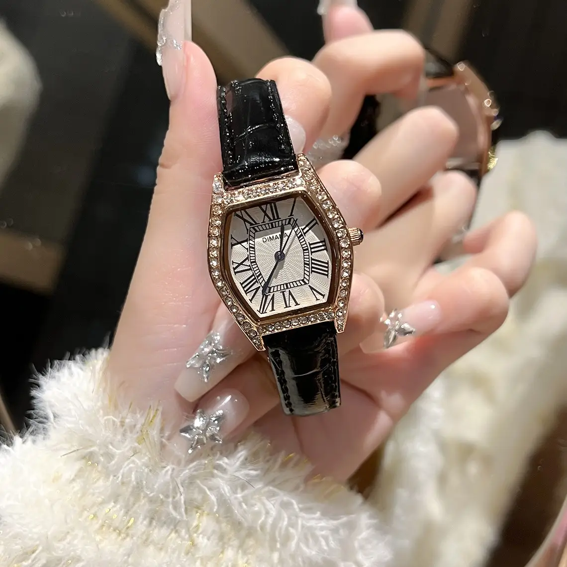 Swiss Style Women's Watch with Black Leather Strap & Diamond Accents