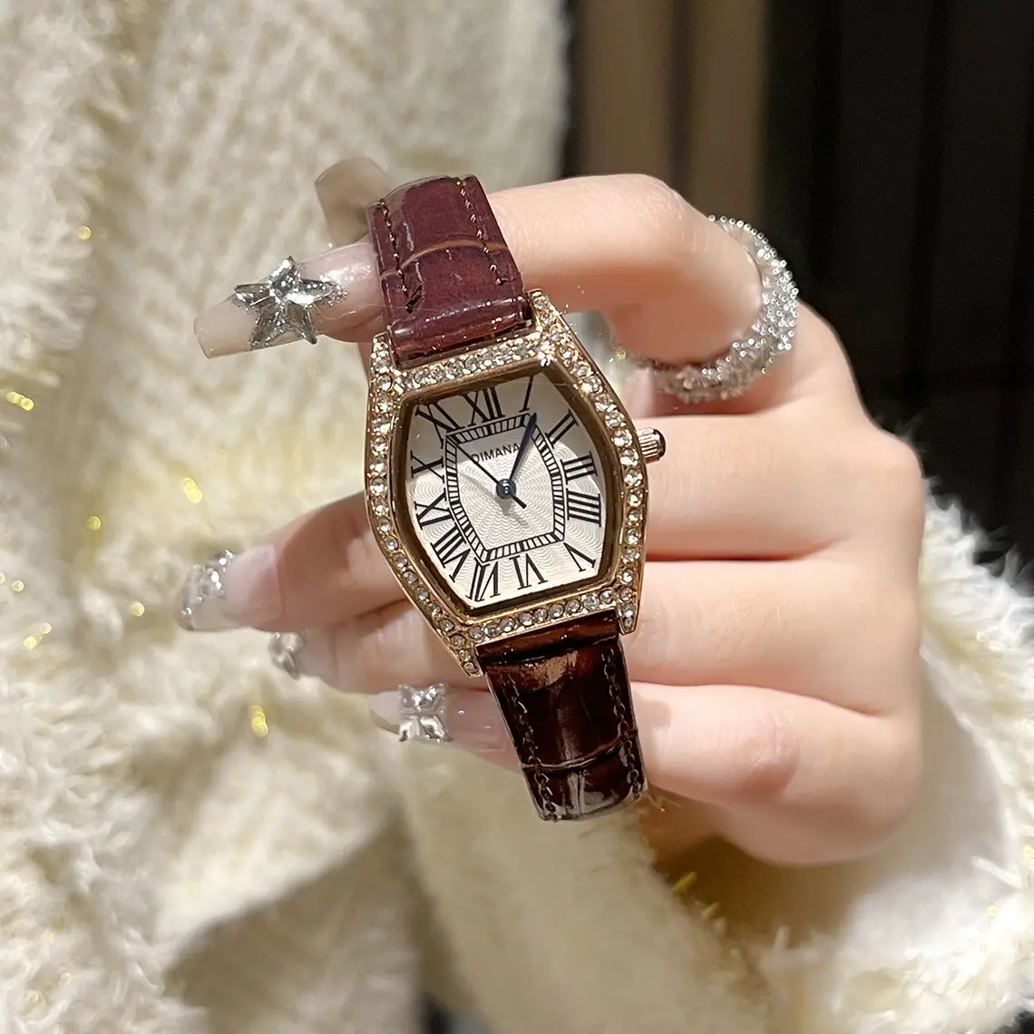 Swiss Style Women's Watch with Black Leather Strap & Diamond Accents