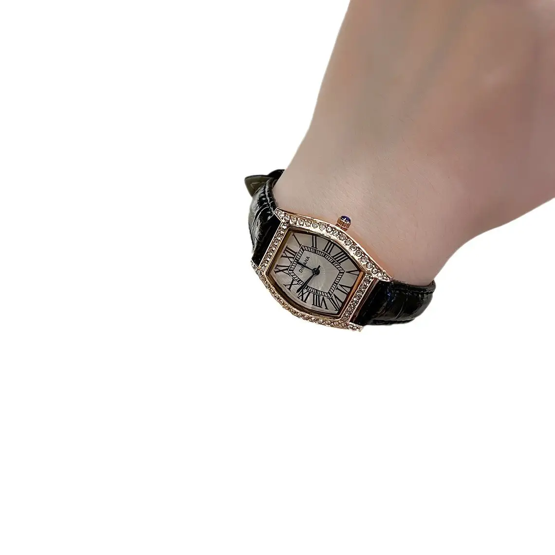Swiss Style Women's Watch with Black Leather Strap & Diamond Accents