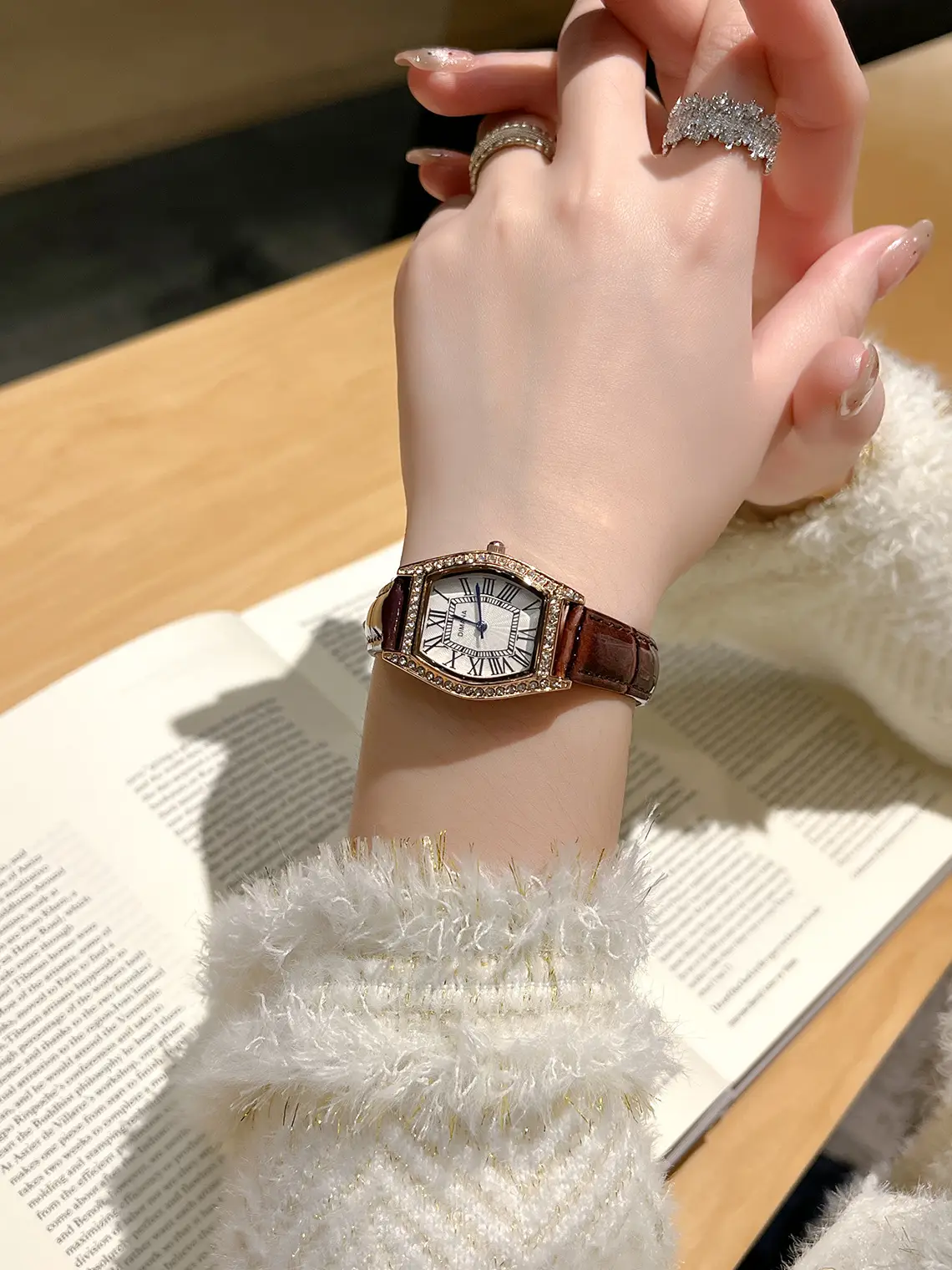Swiss Style Women's Watch with Black Leather Strap & Diamond Accents — feature 6