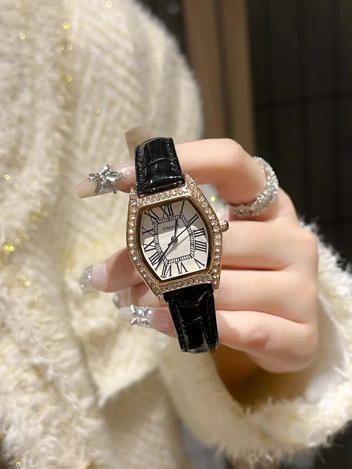Swiss Style Women's Watch with Black Leather Strap & Diamond Accents — feature 7