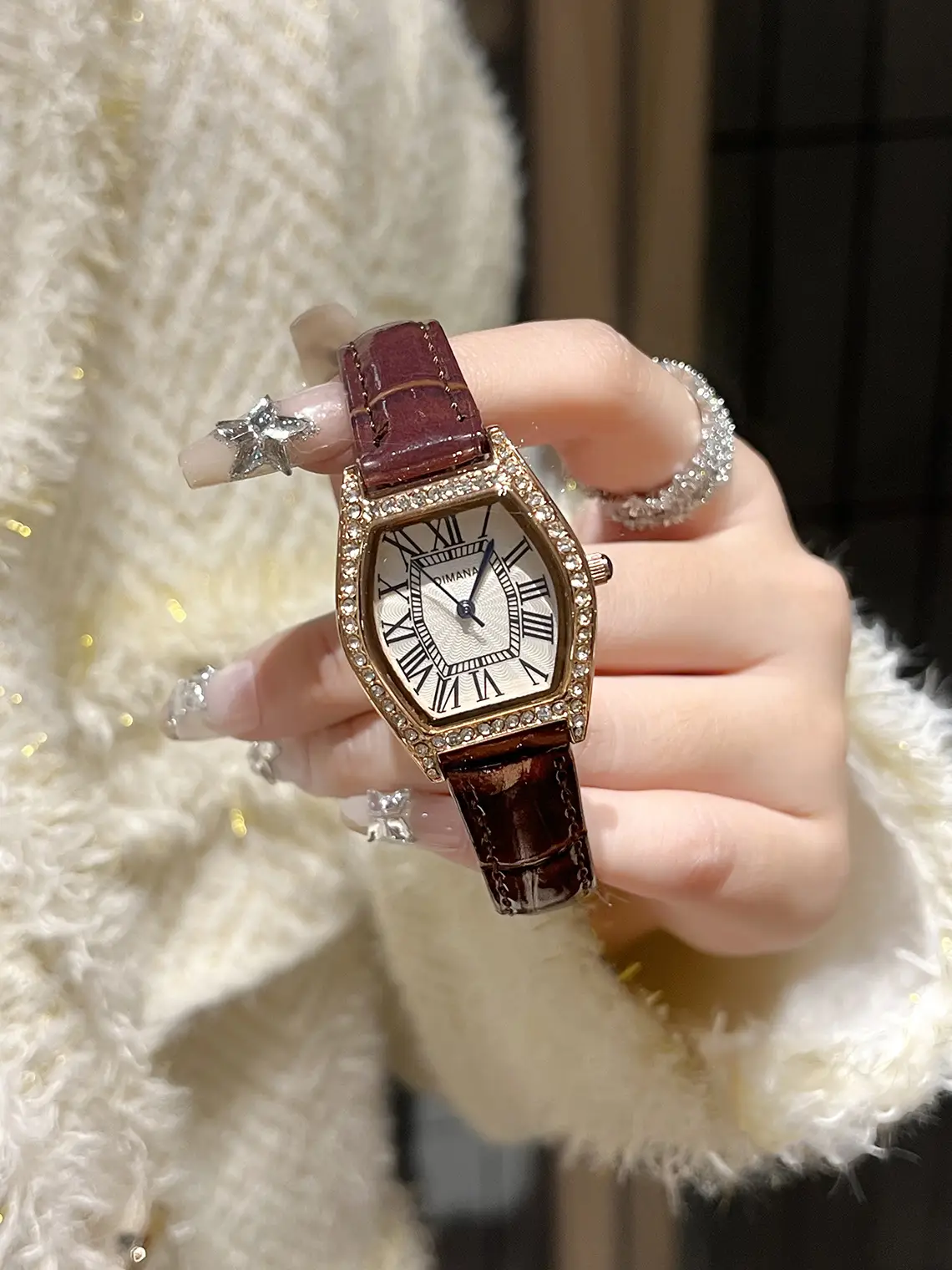 Swiss Style Women's Watch with Black Leather Strap & Diamond Accents — feature 8