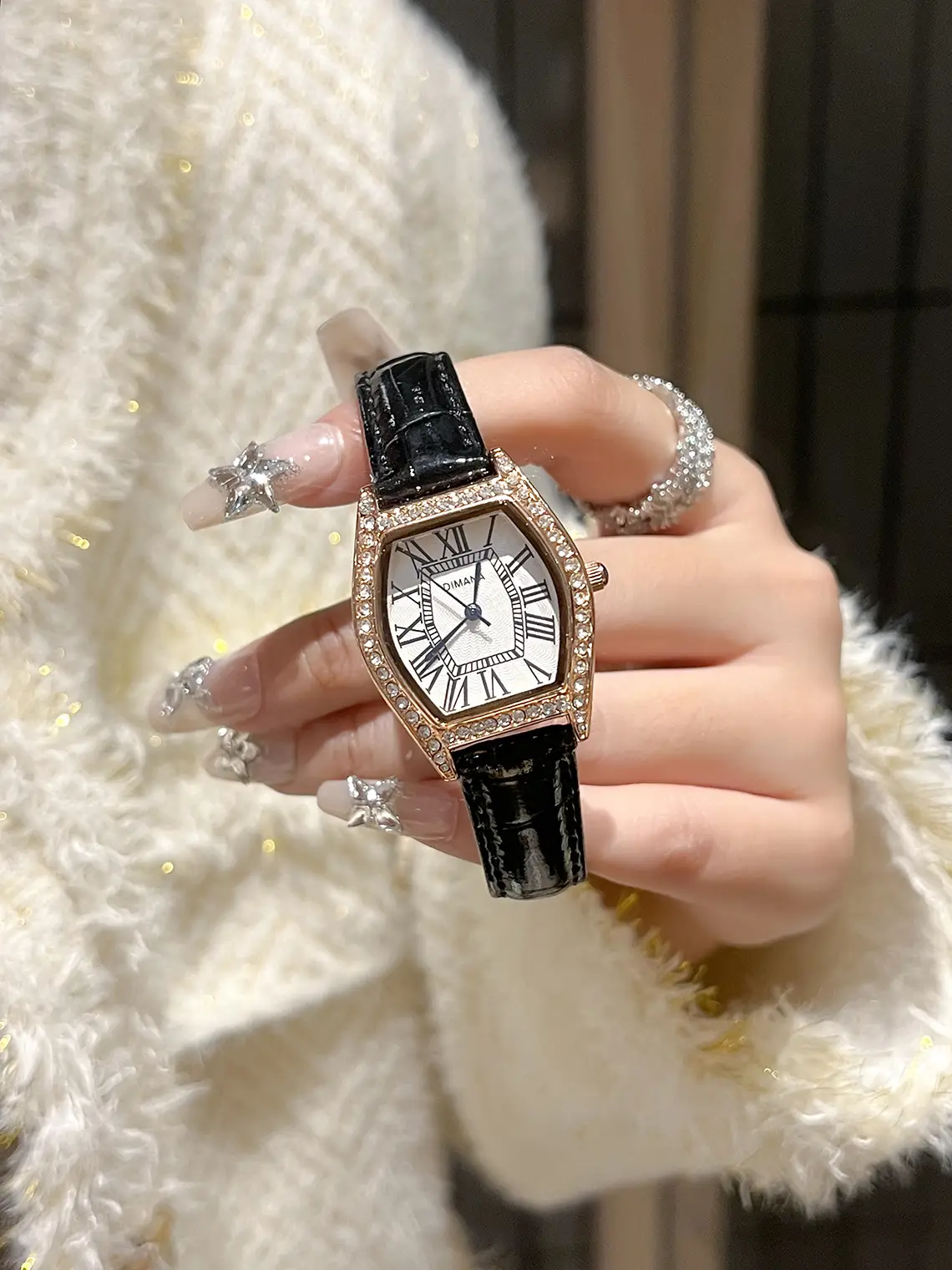 Swiss Style Women's Watch with Black Leather Strap & Diamond Accents — feature 9