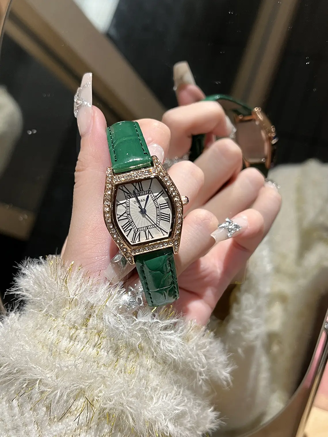 Swiss Style Women's Watch with Black Leather Strap & Diamond Accents