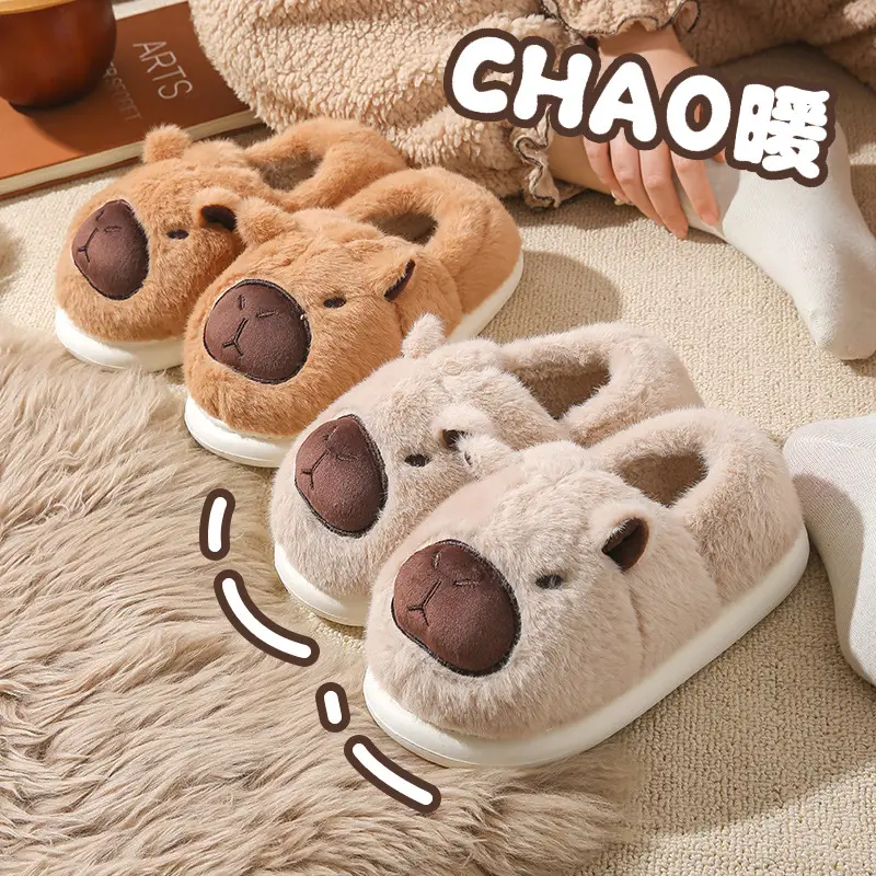 Source Factory Capibara Furry Slippers for Women, Autumn and Winter Outdoor Wear, Thick-Soled Indoor Home Warm Closed-Toe Cotton Slippers