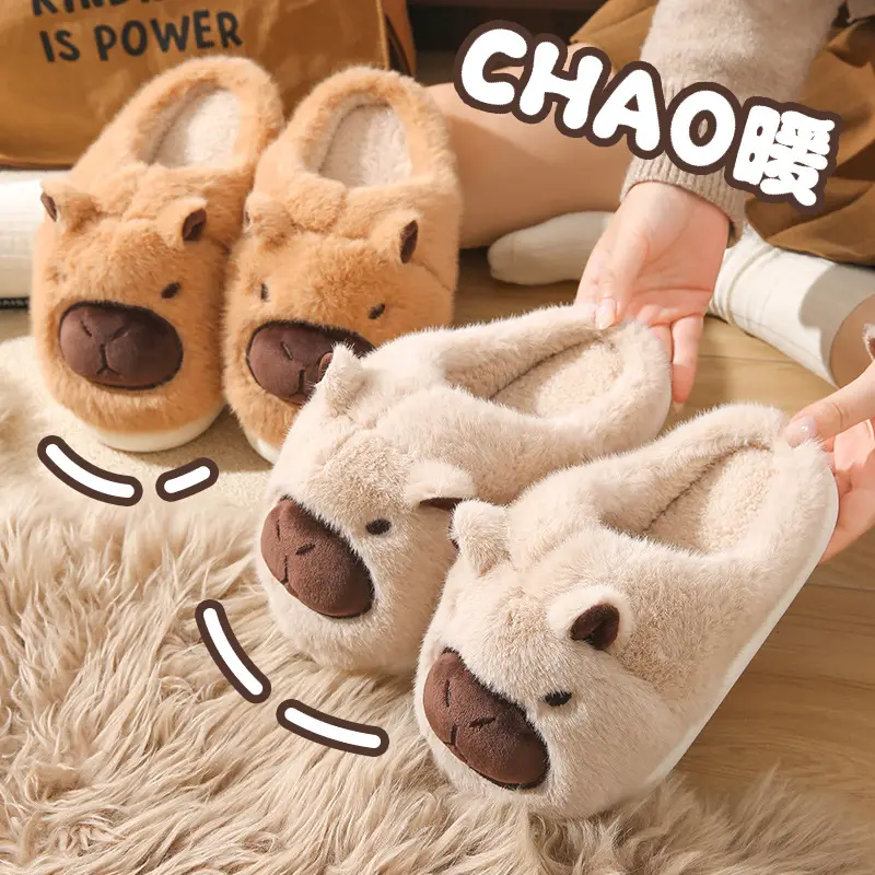 Source Factory Capibara Furry Slippers for Women, Autumn and Winter Outdoor Wear, Thick-Soled Indoor Home Warm Closed-Toe Cotton Slippers