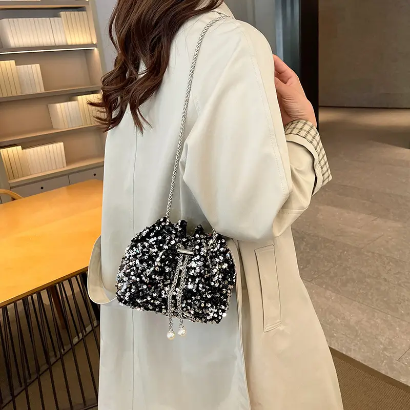 Black Sequin Personalized Shoulder Bag for Women - Image 5