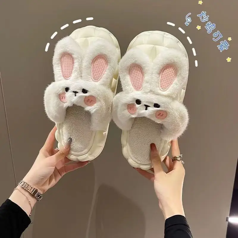 Removable Cotton Slippers 2024 Winter Home Cute Rabbit Outer Wear Non-Slip Waterproof Warm Home Confinement Cotton Shoes
