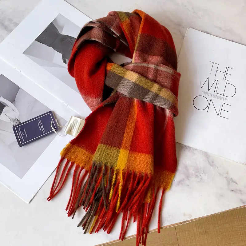 Men's Winter Wool Plaid Scarf Dark Blue High-end Cashmere