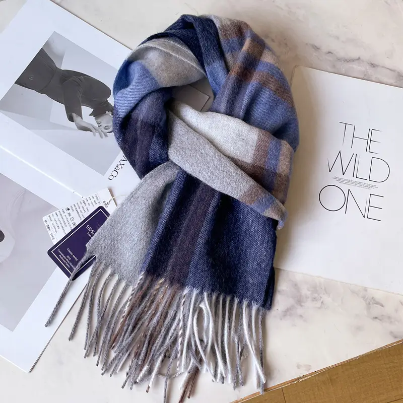 Men's Winter Wool Plaid Scarf Dark Blue High-end Cashmere - Image 2