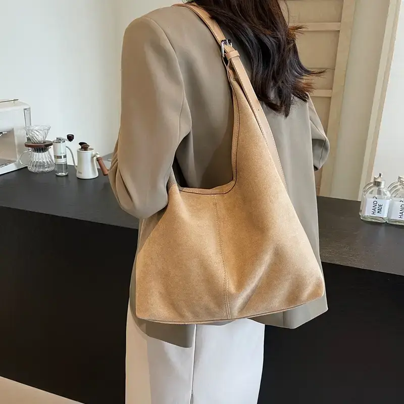 Black Suede Shoulder Bag with Zip Closure - Image 8