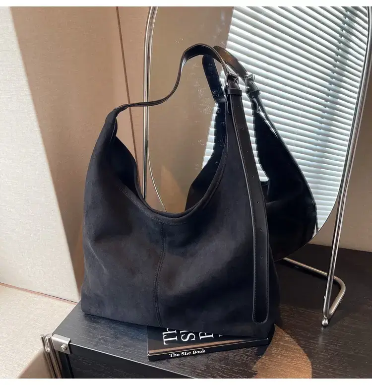 Black Suede Shoulder Bag with Zip Closure — feature 14
