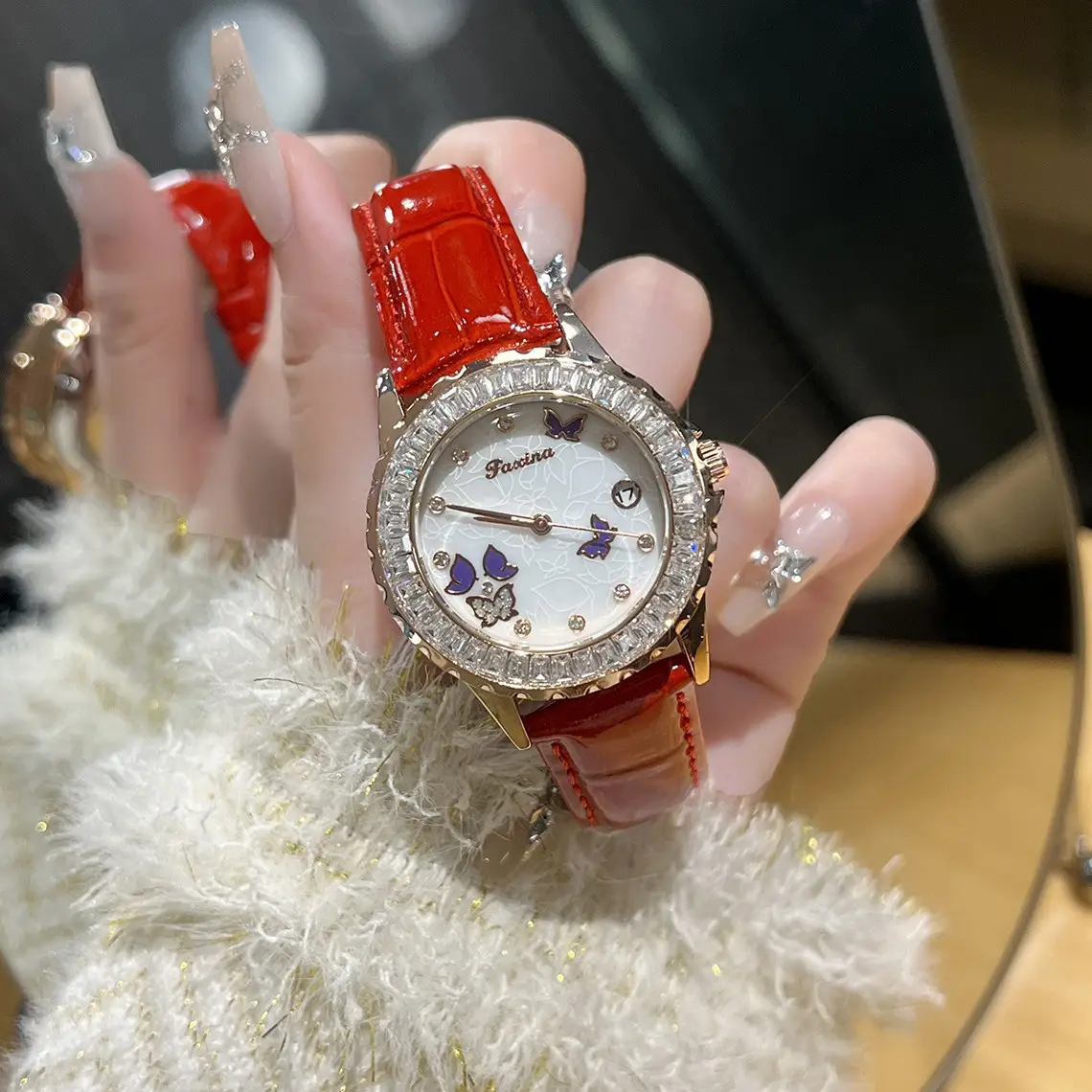 Women's Red Crystal Watch with Flywheel Design