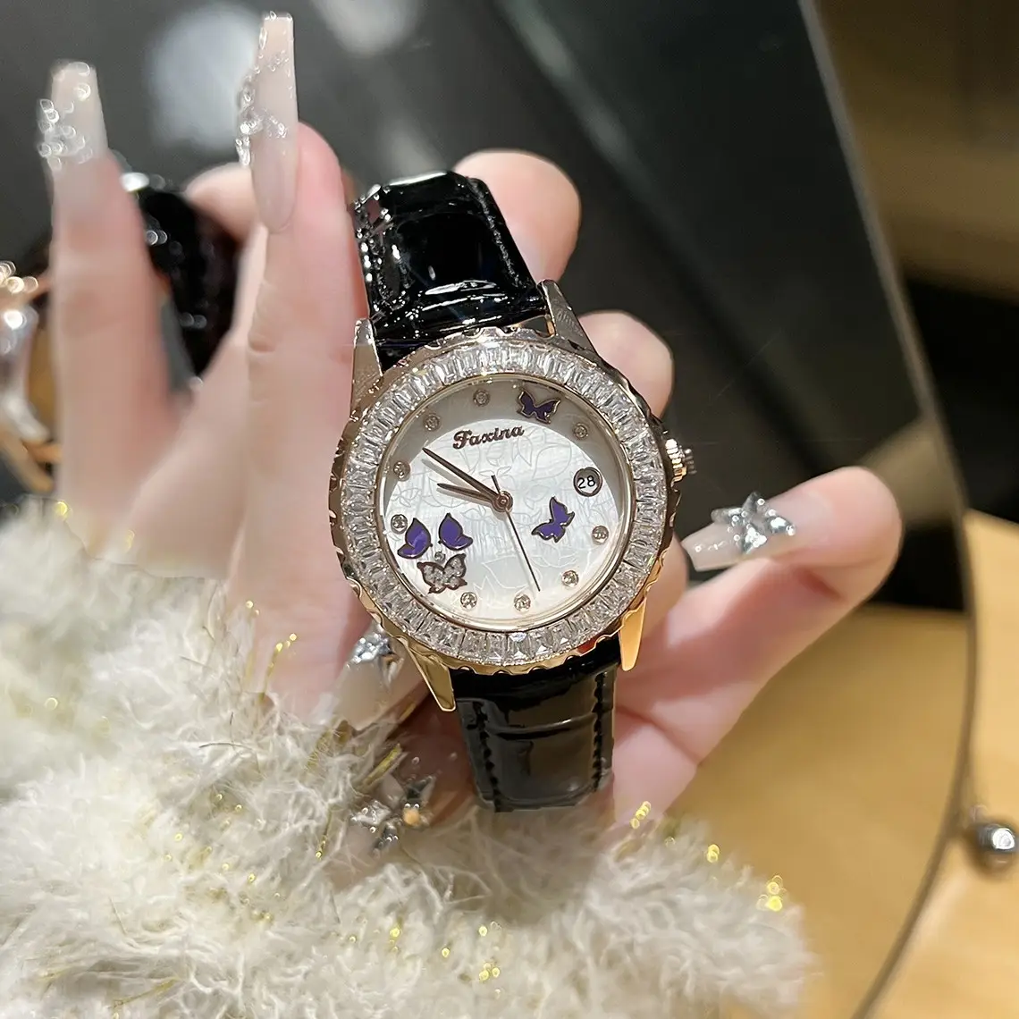Women's Red Crystal Watch with Flywheel Design
